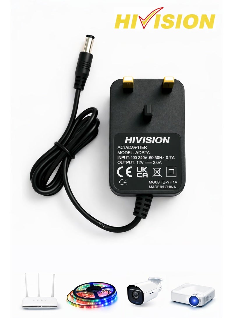 Hivision Universal Power Adapter 12V 2A – AC 100-240V to DC Wall Plug – 1m Cable – UK Plug – Black – For LED Lights, Routers, Monitors and Other Devices - Image 1